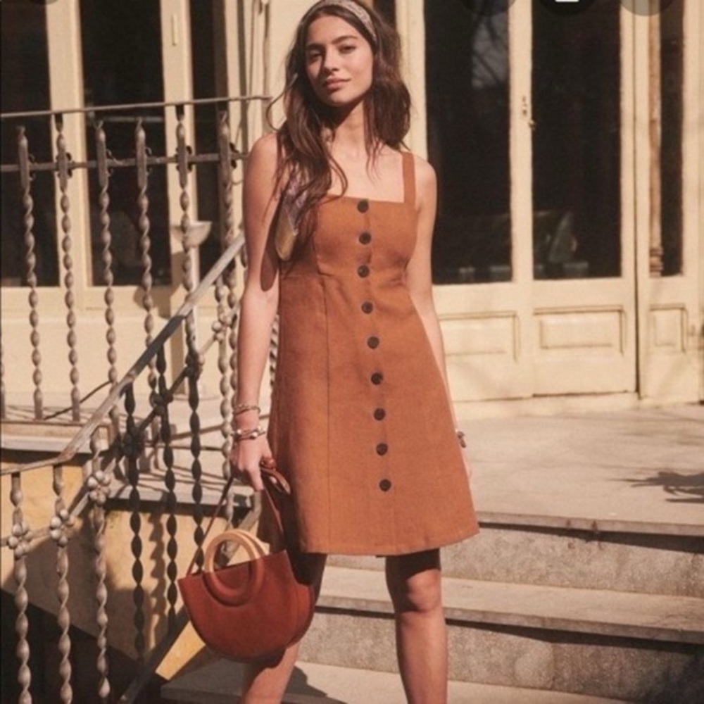 Sezane Linen Jade Dress - Mocha Brown - Size 34 or XS - Button Front